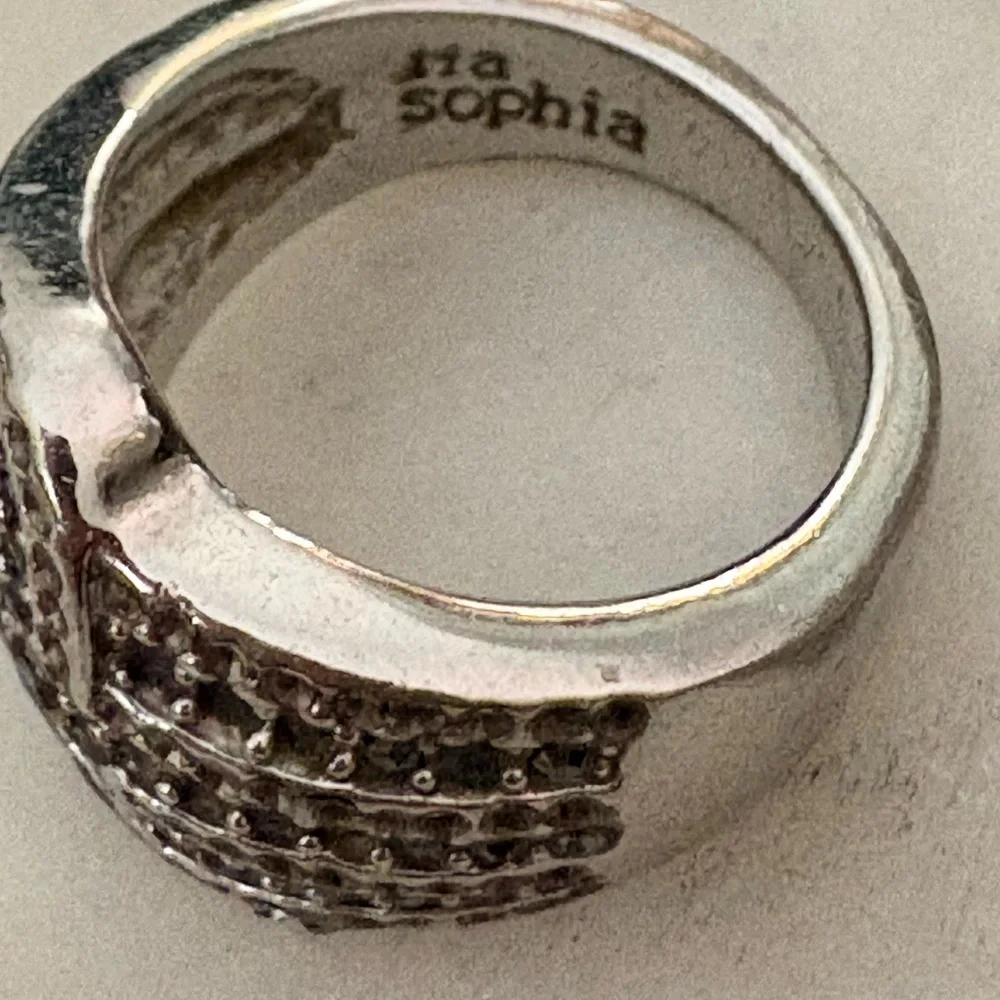 Lia Sophia Silver Textured Band Ring Crystals Size 8
